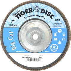 Weiler - 40 Grit, 7" Disc Diam, 5/8-11 Center Hole, Type 27 Zirconia Alumina Flap Disc - 8,600 Max RPM, Phenolic Backing, Arbor Attaching System, Coated - Exact Tooling