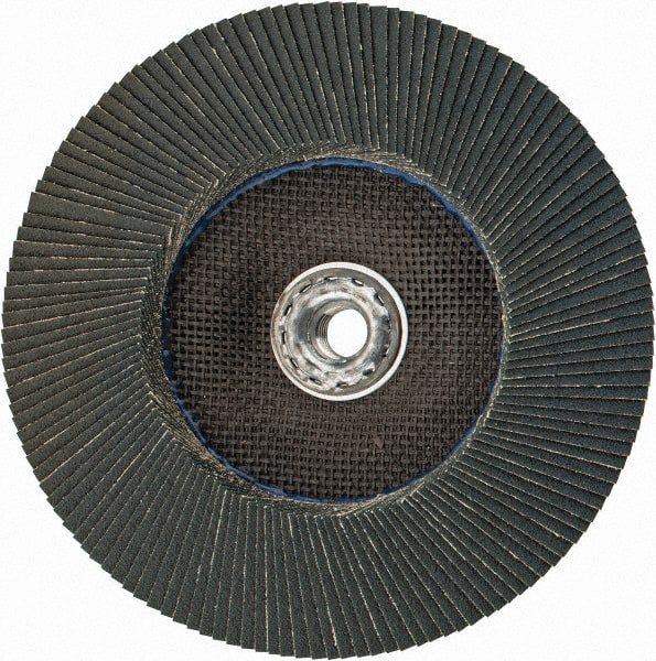 Weiler - 80 Grit, 7" Disc Diam, 5/8-11 Center Hole, Type 27 Zirconia Alumina Flap Disc - 8,600 Max RPM, Phenolic Backing, Arbor Attaching System, Coated - Exact Tooling