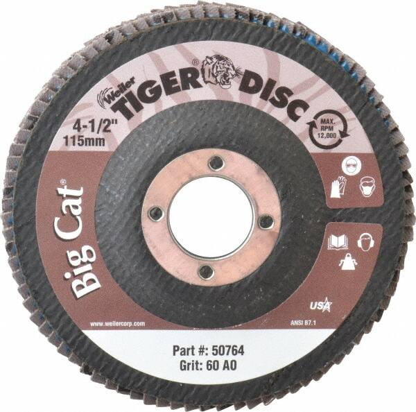 Weiler - 60 Grit, 4-1/2" Disc Diam, 7/8" Center Hole, Type 27 Aluminum Oxide Flap Disc - 12,000 Max RPM, Phenolic Backing, Arbor Attaching System, Coated - Exact Tooling