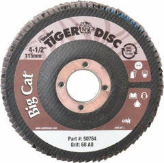 Weiler - 60 Grit, 4-1/2" Disc Diam, 7/8" Center Hole, Type 27 Aluminum Oxide Flap Disc - 12,000 Max RPM, Phenolic Backing, Arbor Attaching System, Coated - Exact Tooling