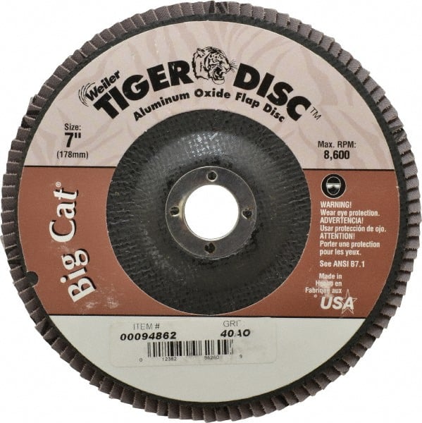 Weiler - 40 Grit, 7" Disc Diam, 7/8" Center Hole, Type 27 Aluminum Oxide Flap Disc - 8,600 Max RPM, Phenolic Backing, Arbor Attaching System, Coated - Exact Tooling