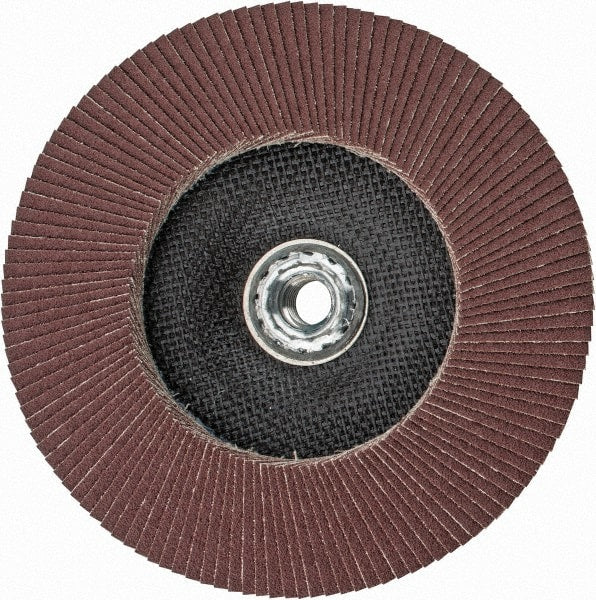 Weiler - 60 Grit, 7" Disc Diam, 5/8-11 Center Hole, Type 27 Aluminum Oxide Flap Disc - 8,600 Max RPM, Phenolic Backing, Arbor Attaching System, Coated - Exact Tooling