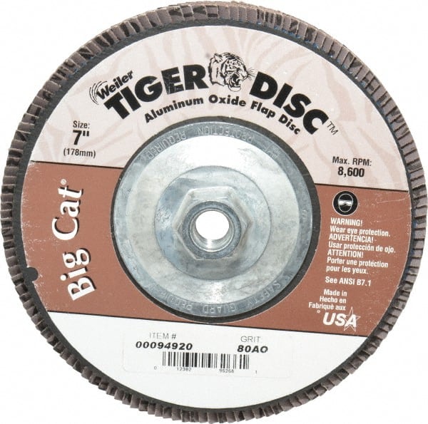 Weiler - 80 Grit, 7" Disc Diam, 5/8-11 Center Hole, Type 27 Aluminum Oxide Flap Disc - 8,600 Max RPM, Phenolic Backing, Arbor Attaching System, Coated - Exact Tooling