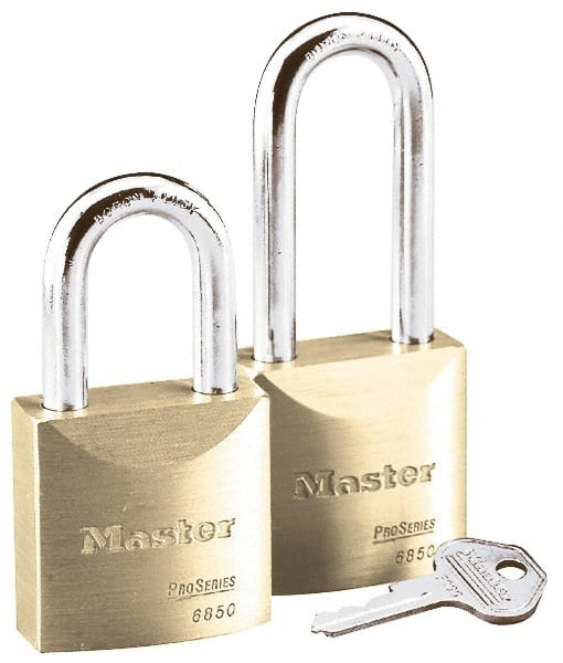 Master Lock - 1-3/16" Shackle Clearance, Keyed Different Pro Series Padlock - 29/32" Shackle Width, 5/16" Shackle Diam, Brass - Exact Tooling