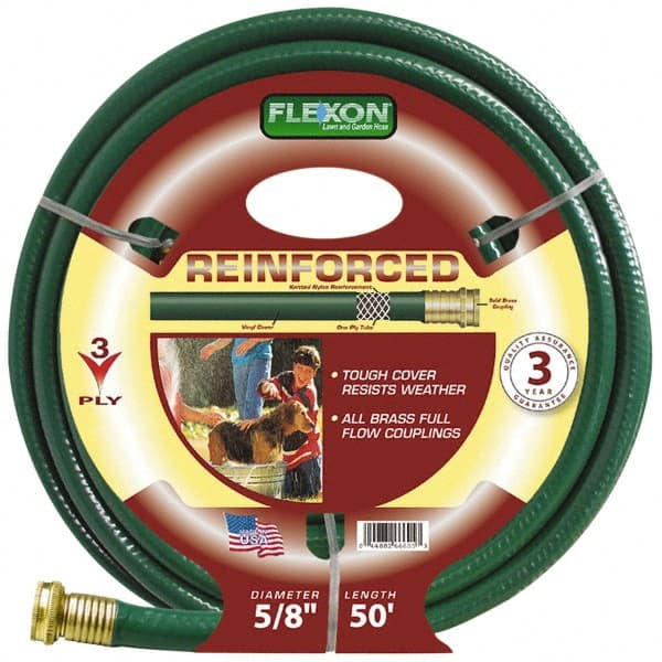 Made in USA - 50' Long Reinforced Rubber Hose - 5/8" Diam, 3/4" GHT, Vinyl, 212 psi, All Season, Green - Exact Tooling