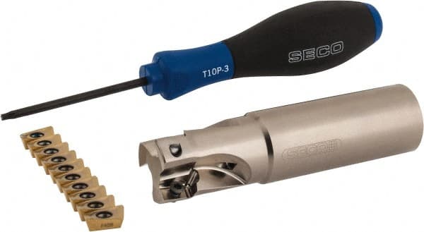 Seco - 1" Cut Diam, 0.433" Max Depth of Cut, 1" Shank Diam, 4" OAL, Indexable Square Shoulder End Mill - XO.X 1204 Inserts, Weldon Shank, 90° Lead Angle, Through Coolant, Series Super Turbo - Exact Tooling