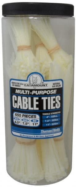 Thomas & Betts - 4 to 11 Inch Range, White Cable Ties - 3 Inch Bundle Diameter, 18, 40 and 50 Lb. Strength, Nylon - Exact Tooling
