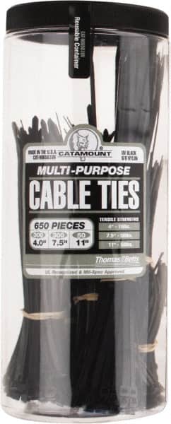 Thomas & Betts - 4 to 11 Inch Range, Black Cable Ties - 3 Inch Bundle Diameter, 18, 40 and 50 Lb. Strength, Nylon - Exact Tooling