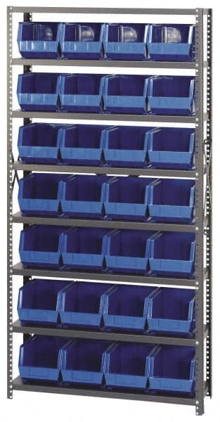 Quantum Storage - 12" Deep x 36" Wide x 75" High, Steel Open Hopper Storage Unit - 7/8 Shelves, 28 Blue Plastic Bins, 8-1/4" Bin Width x 7" Bin Height x 11" Bin Depth - Exact Tooling