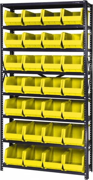 Quantum Storage - 12" Deep x 36" Wide x 75" High, Steel Open Hopper Storage Unit - 7/8 Shelves, 28 Blue Plastic Bins, 8-1/4" Bin Width x 7" Bin Height x 14-3/4" Bin Depth - Exact Tooling
