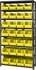 Quantum Storage - 12" Deep x 36" Wide x 75" High, Steel Open Hopper Storage Unit - 7/8 Shelves, 28 Yellow Plastic Bins, 8-1/4" Bin Width x 7" Bin Height x 14-3/4" Bin Depth - Exact Tooling