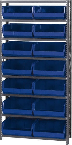 Quantum Storage - 12" Deep x 36" Wide x 75" High, Steel Open Hopper Storage Unit - 7/8 Shelves, 14 Blue Plastic Bins, 16-1/2" Bin Width x 7" Bin Height x 14-3/4" Bin Depth - Exact Tooling