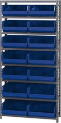 Quantum Storage - 12" Deep x 36" Wide x 75" High, Steel Open Hopper Storage Unit - 7/8 Shelves, 14 Blue Plastic Bins, 16-1/2" Bin Width x 7" Bin Height x 14-3/4" Bin Depth - Exact Tooling