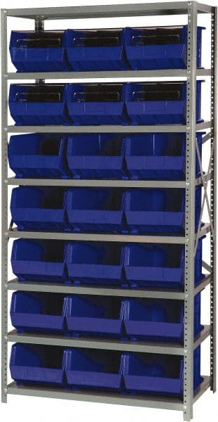 Quantum Storage - 18" Deep x 36" Wide x 75" High, Steel Open Hopper Storage Unit - 7/8 Shelves, 21 Blue Plastic Bins, 11" Bin Width x 8" Bin Height x 16" Bin Depth - Exact Tooling