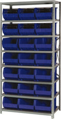 Quantum Storage - 18" Deep x 36" Wide x 75" High, Steel Open Hopper Storage Unit - 7/8 Shelves, 21 Blue Plastic Bins, 11" Bin Width x 8" Bin Height x 16" Bin Depth - Exact Tooling