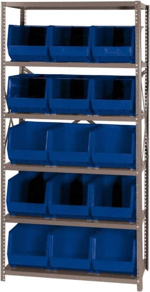 Quantum Storage - 18" Deep x 36" Wide x 75" High, Steel Open Hopper Storage Unit - 5/6 Shelves, 15 Blue Plastic Bins, 11" Bin Width x 10" Bin Height x 18" Bin Depth - Exact Tooling