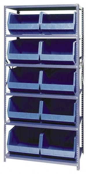 Quantum Storage - 18" Deep x 36" Wide x 75" High, Steel Open Hopper Storage Unit - 5/6 Shelves, 10 Blue Plastic Bins, 16-1/2" Bin Width x 11" Bin Height x 18" Bin Depth - Exact Tooling