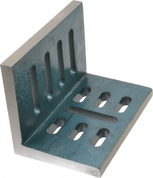 Interstate - 7" Wide x 4-1/2" Deep x 5-1/2" High Cast Iron Partially Machined Angle Plate - Slotted Plate, Through-Slots on Surface, Open End, Single Plate - Exact Tooling