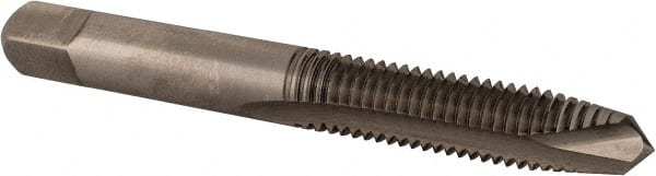 Made in USA - M8x1.25 Metric Coarse, 2 Flute, Bright Finish, High Speed Steel Spiral Point Tap - Plug Chamfer, Right Hand Thread, 2-23/32" OAL, 1-1/8" Thread Length, 0.318" Shank Diam, 6H Class of Fit - Exact Tooling