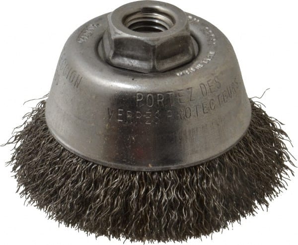 Osborn - 3-1/2" Diam, 5/8-11 Threaded Arbor, Steel Fill Cup Brush - 0.0118 Wire Diam, 1" Trim Length, 7,500 Max RPM - Exact Tooling
