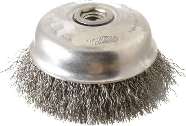 Osborn - 5" Diam, 5/8-11 Threaded Arbor, Steel Fill Cup Brush - 0.02 Wire Diam, 1-1/8" Trim Length, 8,000 Max RPM - Exact Tooling
