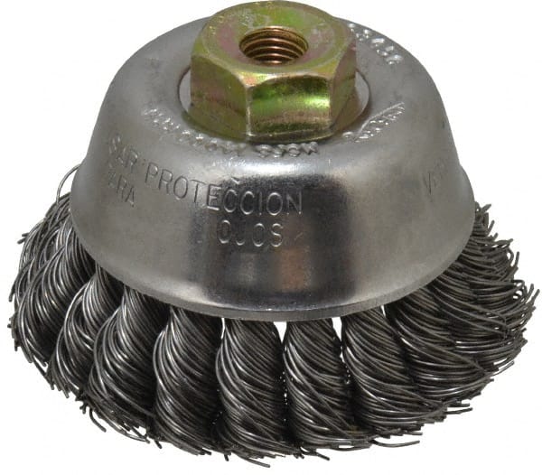 Osborn - 2-3/4" Diam, M10x1.25 Threaded Arbor, Steel Fill Cup Brush - 0.02 Wire Diam, 14,000 Max RPM - Exact Tooling