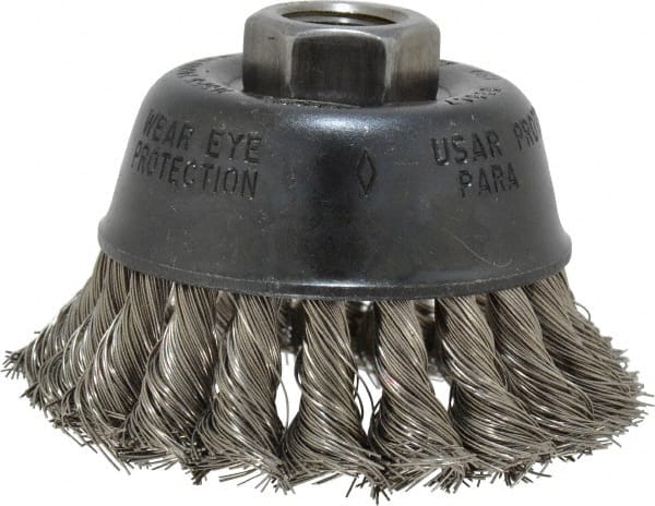 Osborn - 2-3/4" Diam, 5/8-11 Threaded Arbor, Stainless Steel Fill Cup Brush - 0.014 Wire Diam, 14,000 Max RPM - Exact Tooling