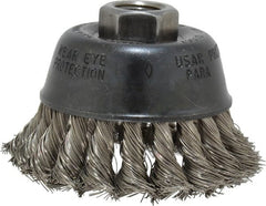 Osborn - 2-3/4" Diam, 5/8-11 Threaded Arbor, Stainless Steel Fill Cup Brush - 0.014 Wire Diam, 14,000 Max RPM - Exact Tooling