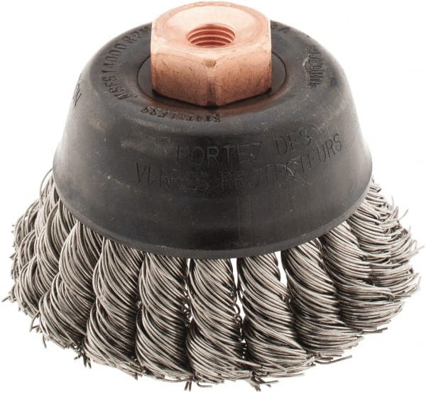 Osborn - 2-3/4" Diam, 3/8-24 Threaded Arbor, Stainless Steel Fill Cup Brush - 0.02 Wire Diam, 14,000 Max RPM - Exact Tooling