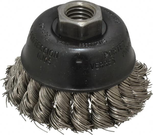 Osborn - 2-3/4" Diam, 5/8-11 Threaded Arbor, Stainless Steel Fill Cup Brush - 0.02 Wire Diam, 14,000 Max RPM - Exact Tooling