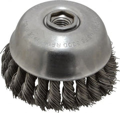 Osborn - 4" Diam, 5/8-11 Threaded Arbor, Steel Fill Cup Brush - 0.025 Wire Diam, 1-1/4" Trim Length, 6,000 Max RPM - Exact Tooling