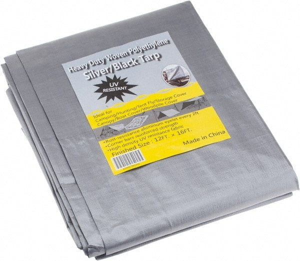 Value Collection - 16' Long x 12' Wide Polyethylene Tarp & Dust Cover - Black & Silver, Grommet, 11 to 12 mil Thickness - Exact Tooling