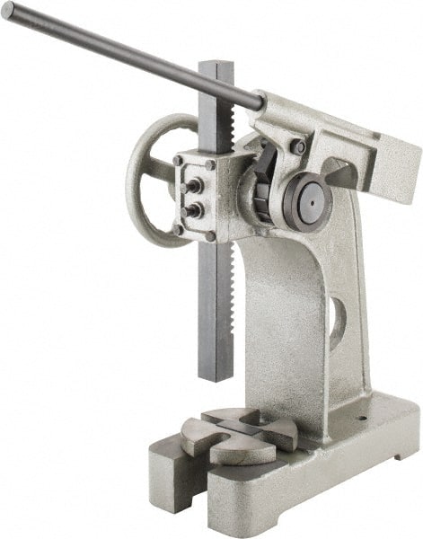 Interstate - 2-1/2" Ram, 6" Throat Depth, 3 Ton Manual Arbor Press - 12-5/8" Max Work Height x 12" Max Work Width, Ratchet Leverage, 20:1 Leverage Ratio, 8" Base Width x 18" Base Depth - Exact Tooling