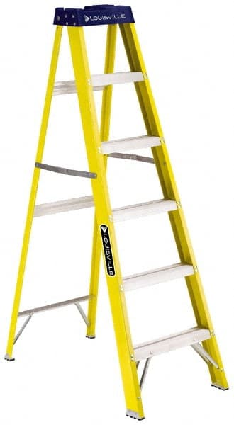Louisville - 5 Steps, 6' High, Type I Rating, Fiberglass Step Ladder - 250 Lb Capacity, 21-7/8" Base Width - Exact Tooling