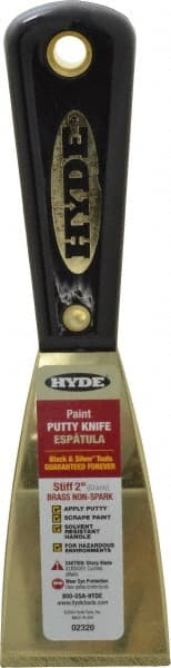 Hyde Tools - 2" Wide Brass Putty Knife - Stiff, Nylon Handle, 7-3/4" OAL - Exact Tooling