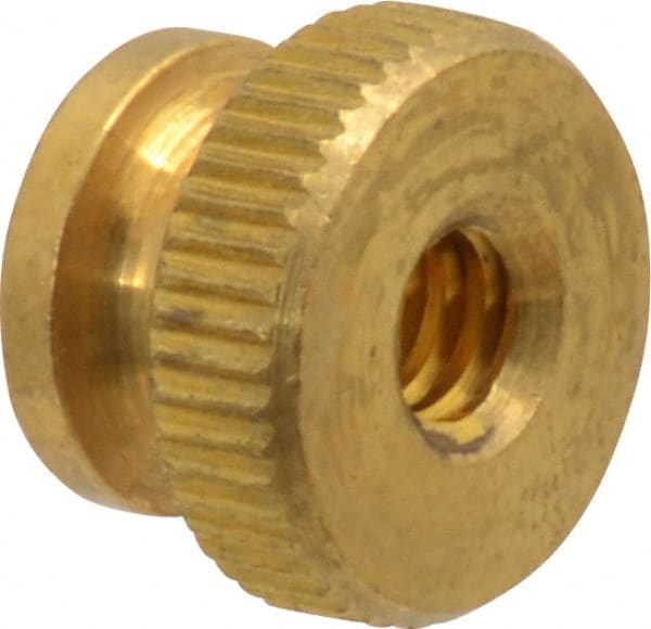 Electro Hardware - #10-24 UNC Thread, Uncoated, Grade B-633 Brass Round Knurled Thumb Nut - 11/32" Overall Height, 1/2" Head Diam - Exact Tooling