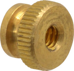 Electro Hardware - #10-24 UNC Thread, Uncoated, Grade B-633 Brass Round Knurled Thumb Nut - 11/32" Overall Height, 1/2" Head Diam - Exact Tooling