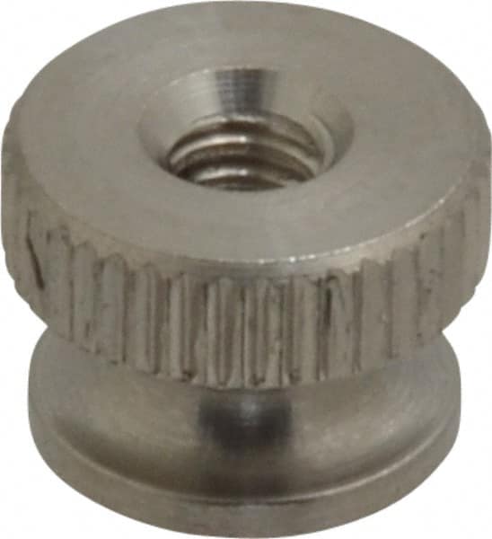 Electro Hardware - #6-32 UNC Thread, Uncoated, Grade 302, 303 Stainless Steel Round Knurled Thumb Nut - 9/32" Overall Height, 3/8" Head Diam - Exact Tooling