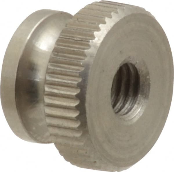 Electro Hardware - #10-32 UNF Thread, Uncoated, Grade 302, 303 Stainless Steel Round Knurled Thumb Nut - 11/32" Overall Height, 1/2" Head Diam - Exact Tooling