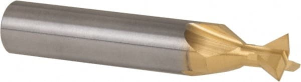 Made in USA - 3/8" Diam x 3/16" Width of Cut, 60° Included Angle, Carbide-Tipped Dovetail Cutter - 3/8" Shank Diam, 2-1/8" Overall Length, 0.0050-0.0100" Corner Radius, Weldon Flat, TiN Coated - Exact Tooling