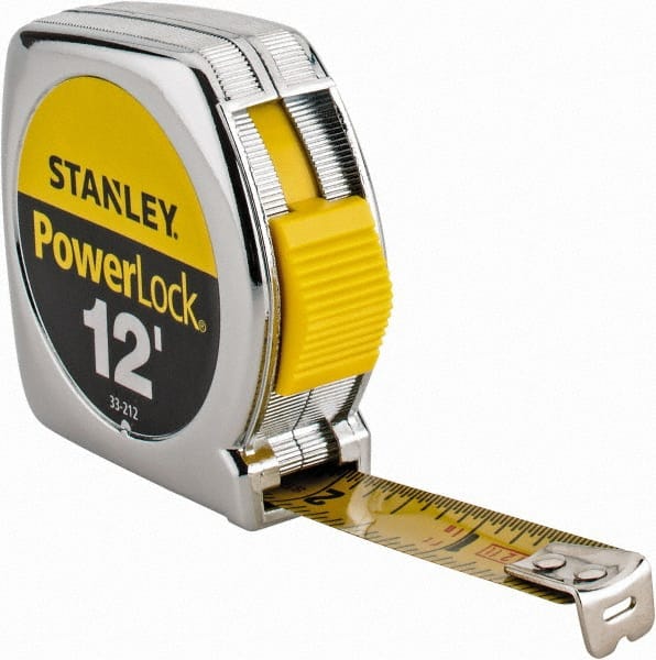 Stanley - 12' x 1/2" Yellow Blade Tape Measure - 1/32 & 1/16" Graduation, Inch Graduation Style, Silver Case - Exact Tooling
