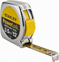 Stanley - 12' x 1/2" Yellow Blade Tape Measure - 1/32 & 1/16" Graduation, Inch/Metric Graduation Style, Silver Case - Exact Tooling