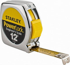 Stanley - 12' x 1/2" Yellow Blade Tape Measure - 1/16 & 1/10" Graduation, Inch Graduation Style, Silver Case - Exact Tooling