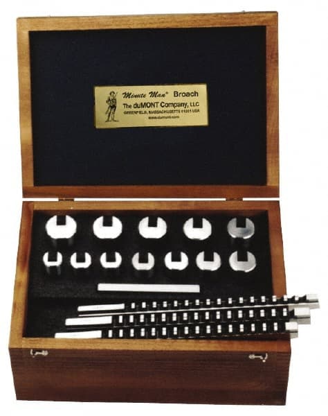 Dumont Minute Man - 15 Piece, 10 to 14mm Keyway Width, Style D Keyway Broach Set - Bright Finish High Speed Steel Broach, Plain Bushing, 32 to 50mm Bushing Diam - Exact Tooling