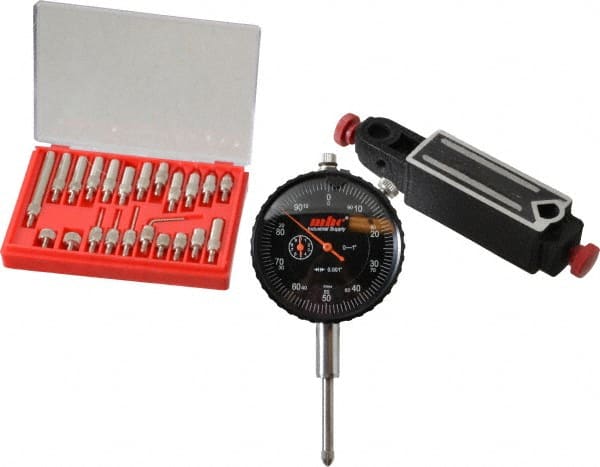Value Collection - 0.001" Graduation, 0-100 Dial Reading, Indicator & Base Kit - 4" Base Length x 1" Base Width x 1" Base Height - Exact Tooling