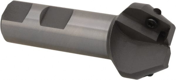 Everede Tool - 30° Lead Angle, 1.303" Max Cut Diam, 3/4" Min Cut Diam, 0.479" Max Depth of Cut, Indexable Chamfer and Angle End Mill - 2 Inserts, APLT 347 Insert Style, 3" Overall Length, Straight Shank, 60° Included Angle - Exact Tooling