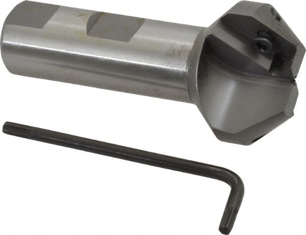 Everede Tool - 41° Lead Angle, 1.414" Max Cut Diam, 11/16" Min Cut Diam, 0.418" Max Depth of Cut, Indexable Chamfer and Angle End Mill - 2 Inserts, APLT 347 Insert Style, 3" Overall Length, Straight Shank, 82° Included Angle - Exact Tooling