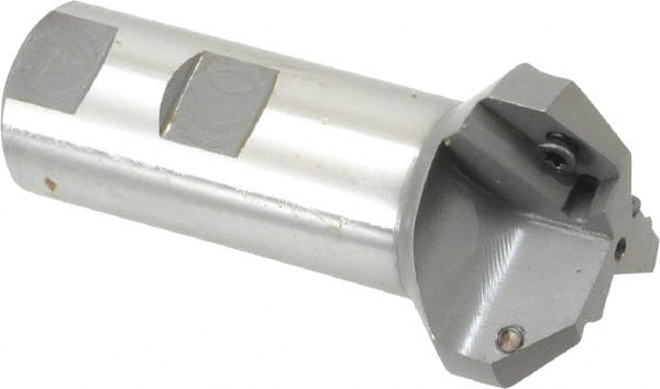 Everede Tool - 45° Lead Angle, 1.721" Max Cut Diam, 15/16" Min Cut Diam, 0.391" Max Depth of Cut, Indexable Chamfer and Angle End Mill - 3 Inserts, APLT 347 Insert Style, 3.2" Overall Length, Straight Shank, 90° Included Angle - Exact Tooling