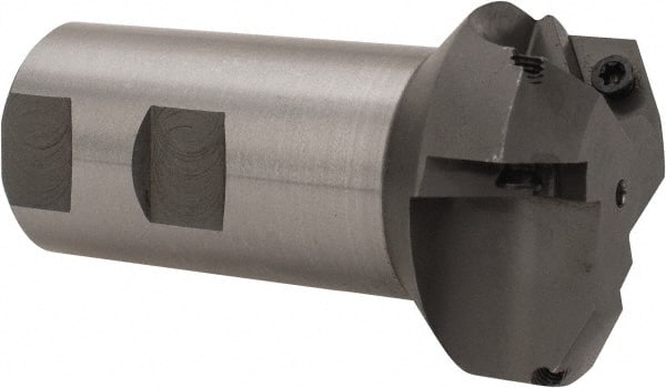 Everede Tool - 60° Lead Angle, 1.958" Max Cut Diam, 1" Min Cut Diam, 0.277" Max Depth of Cut, Indexable Chamfer and Angle End Mill - 3 Inserts, APLT 347 Insert Style, 3.2" Overall Length, Straight Shank, 120° Included Angle - Exact Tooling