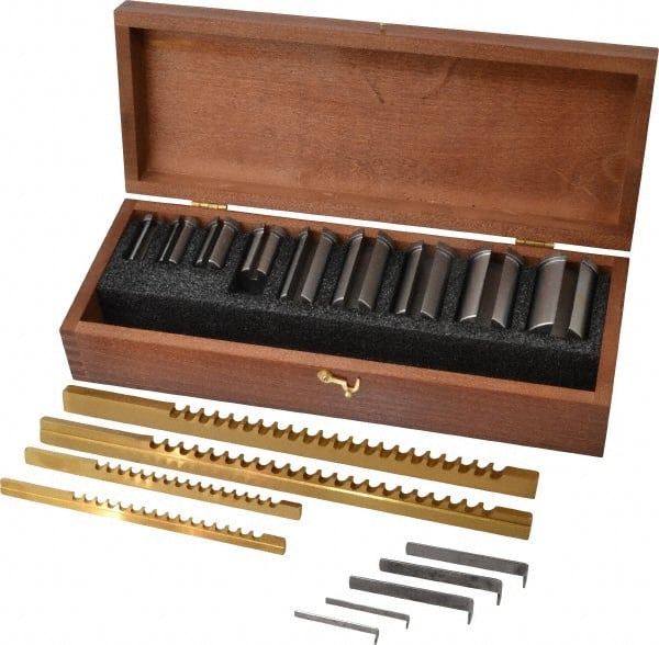 Dumont Minute Man - 13 Piece, 1/8 to 3/8" Keyway Width, Style B & C Keyway Broach Set - TiN Finish High Speed Steel Broach, Collared Bushing, 1/2 to 1-1/2" Bushing Diam - Exact Tooling